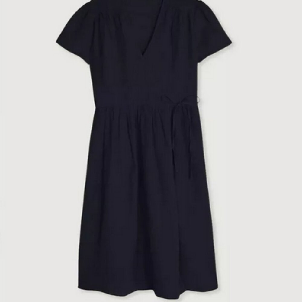 Oak+Fort Wrap Dress Short Sleeve Tie Knot Gathered Waist Black XL